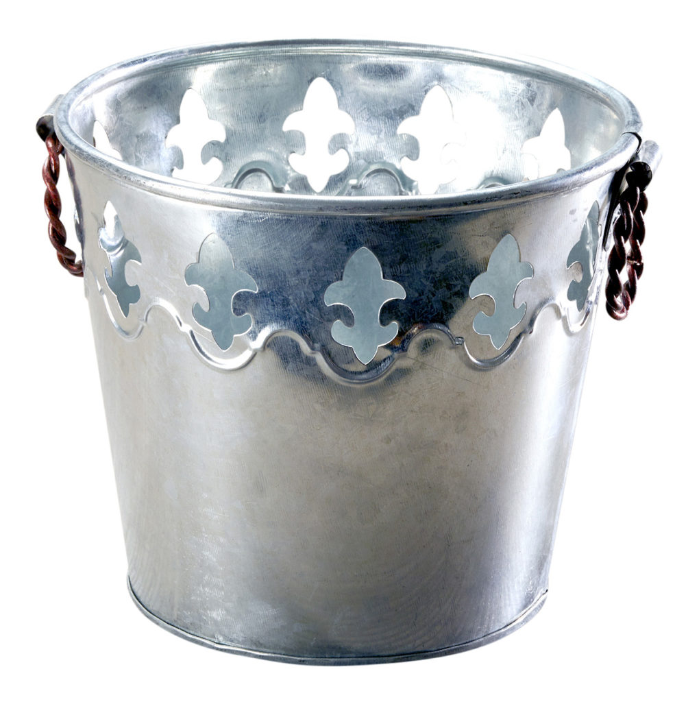 Galvanized Tin Metal Ice Bucket with Twisted Metal Handles, Fleur De